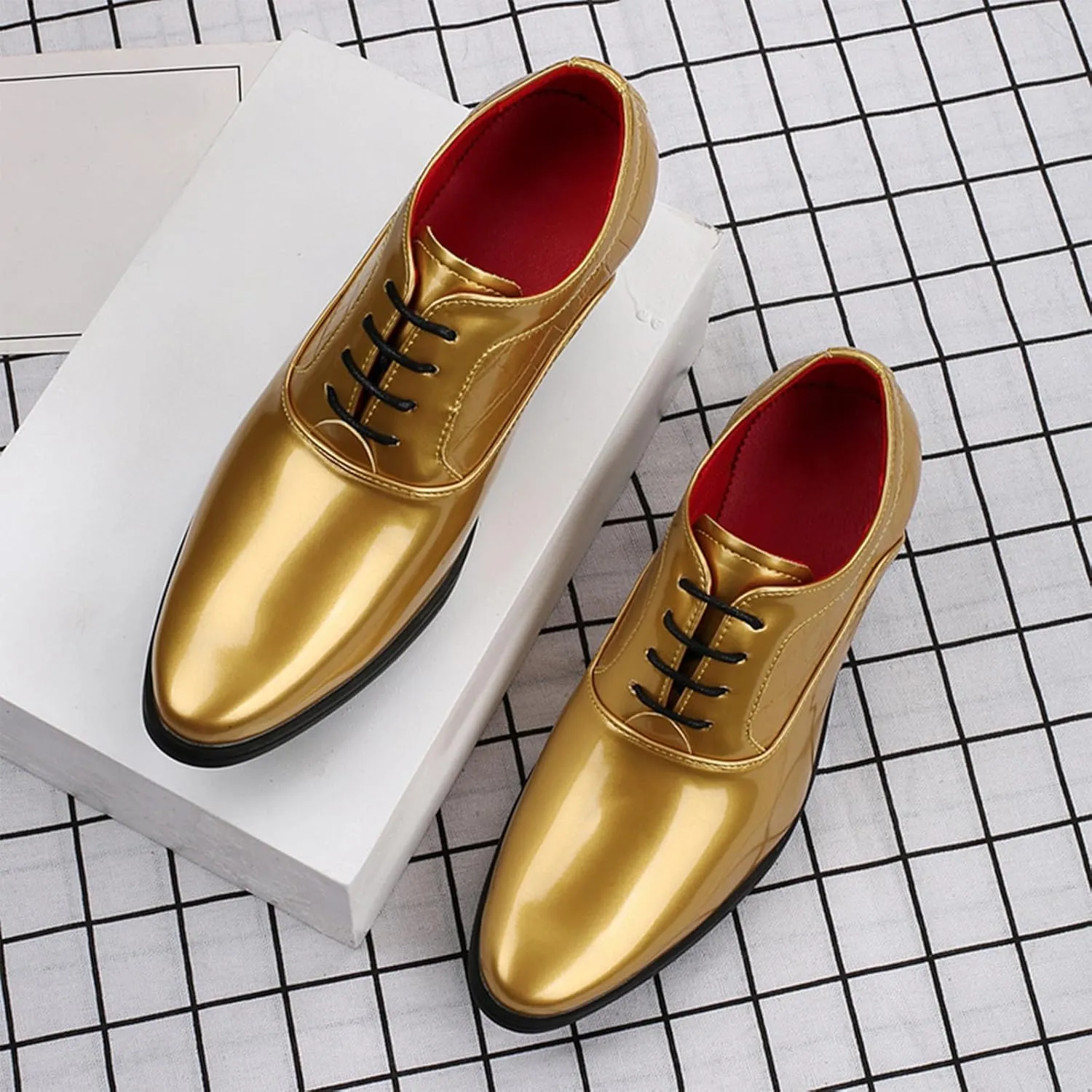 Men's Patent Leather Chunky Heel Oxford Shoes Pointed Toe Lace-up Fashion High Heels Business Work Wedding Prom Dress Derby Shoes