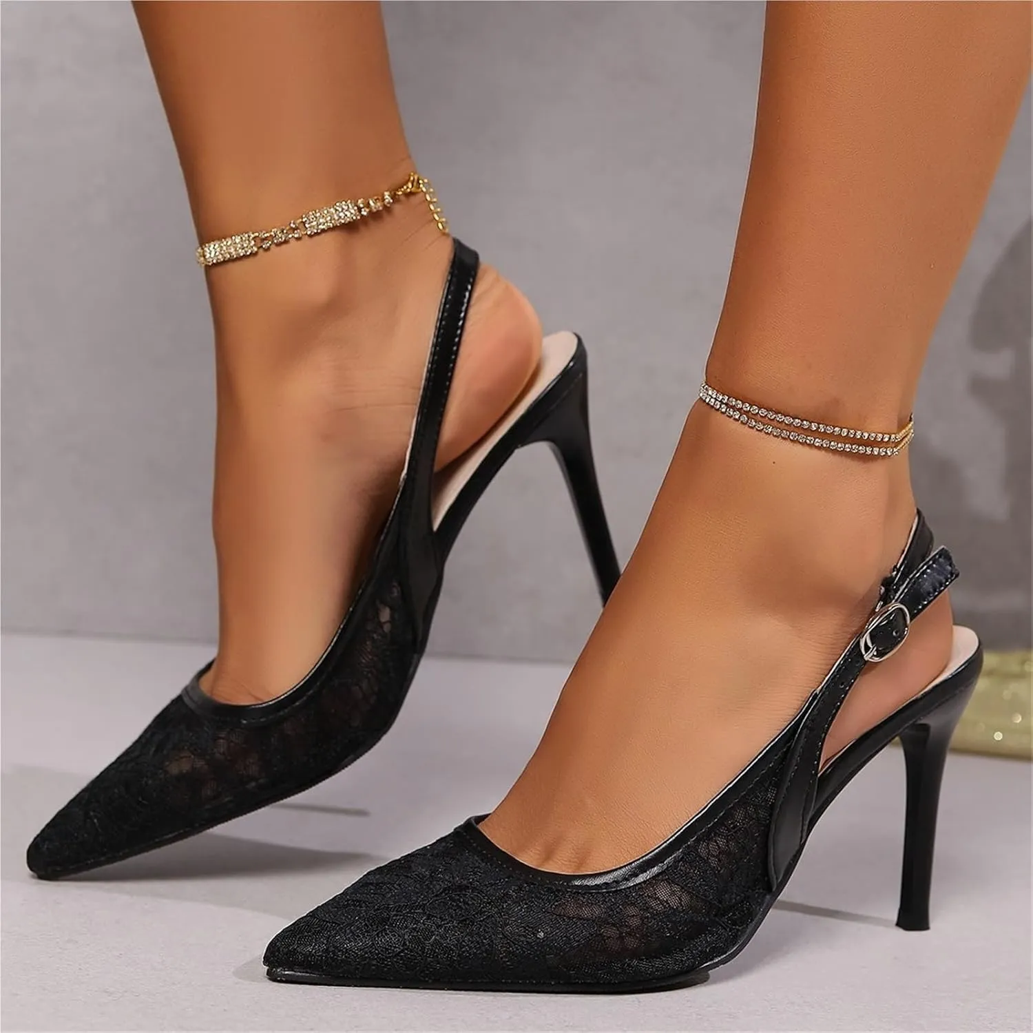 Mesh Lace Kitten Heels for Women, Comfortable Pointed Toe Slip on Slingback Pumps for Wedding Office or Date Night Dress Up