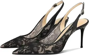 Mesh Lace Kitten Heels for Women, Comfortable Pointed Toe Slip on Slingback Pumps for Wedding Office or Date Night Dress Up