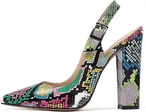 Mettesally Women's Slingback Chunky Block High Heels Pointed Toe Pumps Ankle Strap Party Office Heeled Shoes