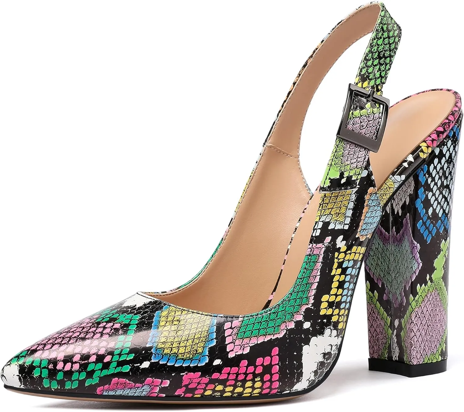 Mettesally Women's Slingback Chunky Block High Heels Pointed Toe Pumps Ankle Strap Party Office Heeled Shoes