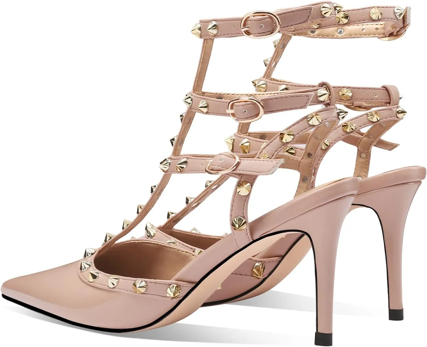 MIRAAZZURRA Women Heeled Sandals Rivet Studded T-Strap Wedding Shoes Stiletto High Heels Pointed Toe Slip On Bridal Pumps for Women