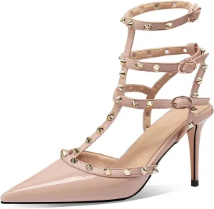 MIRAAZZURRA Women Heeled Sandals Rivet Studded T-Strap Wedding Shoes Stiletto High Heels Pointed Toe Slip On Bridal Pumps for Women