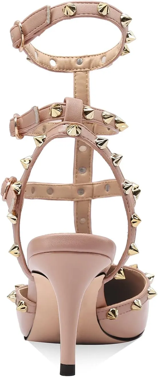 MIRAAZZURRA Women Heeled Sandals Rivet Studded T-Strap Wedding Shoes Stiletto High Heels Pointed Toe Slip On Bridal Pumps for Women