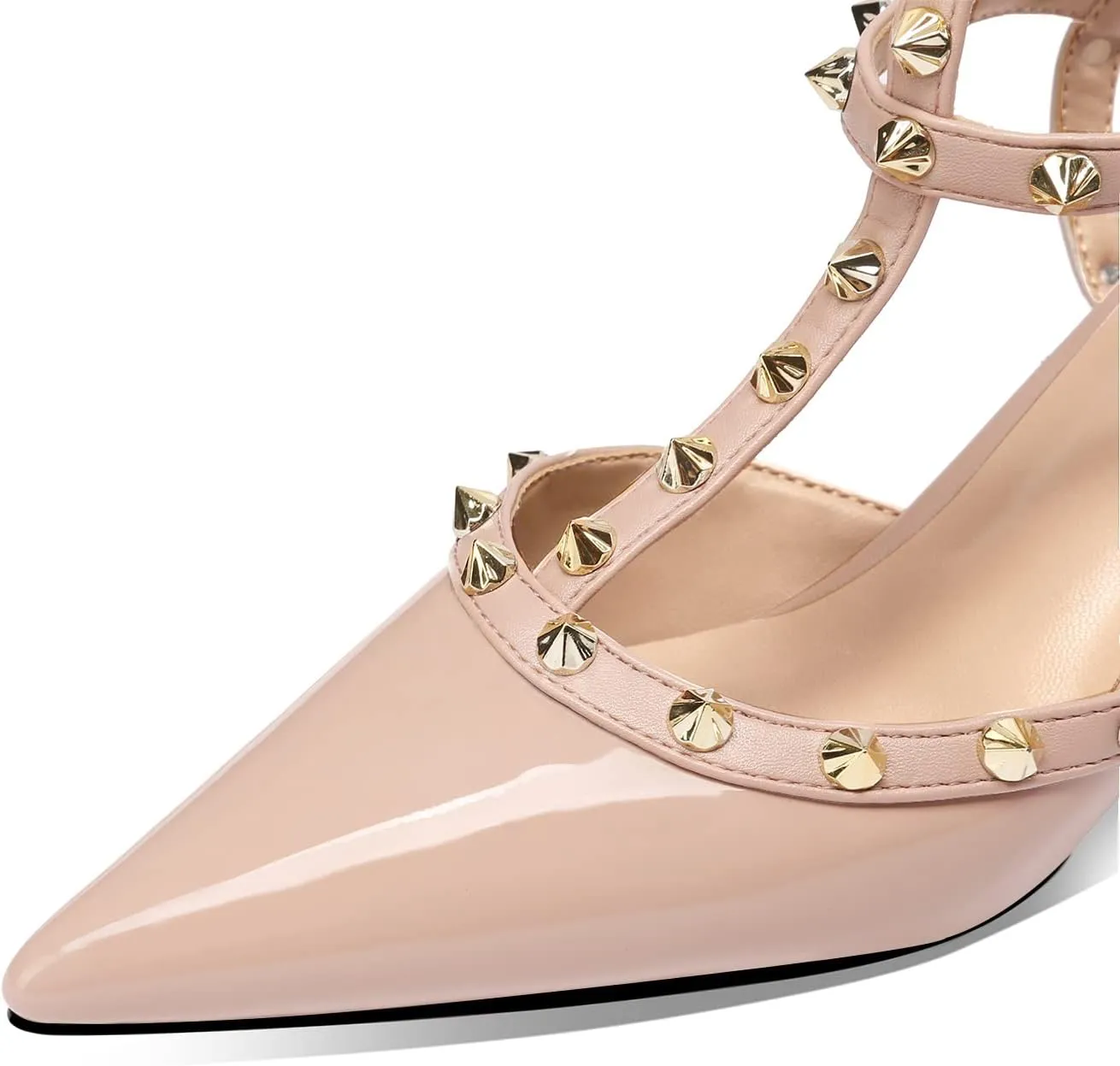 MIRAAZZURRA Women Heeled Sandals Rivet Studded T-Strap Wedding Shoes Stiletto High Heels Pointed Toe Slip On Bridal Pumps for Women