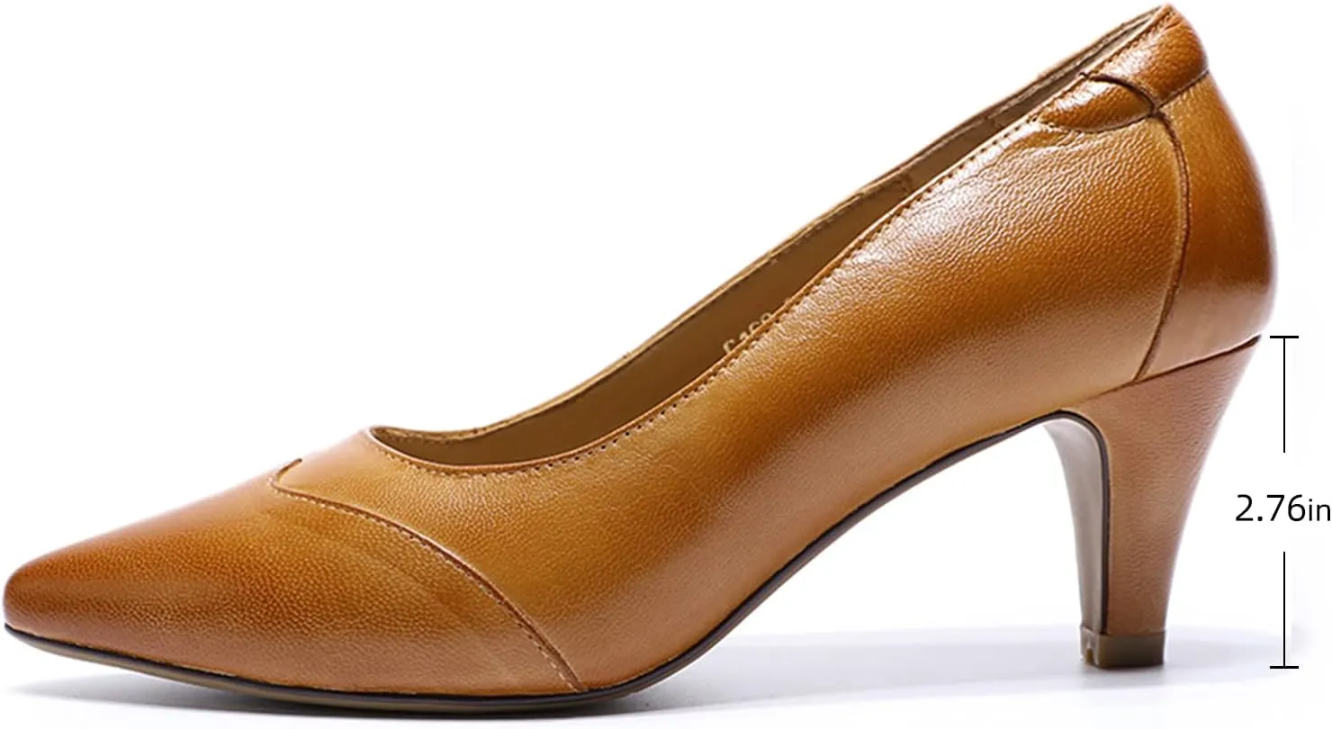 Mona flying Women's Leather Pointed Toe Dress Pumps Comfort High Heels Office Work Shoes for Ladies