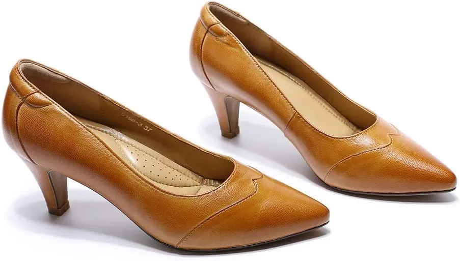 Mona flying Women's Leather Pointed Toe Dress Pumps Comfort High Heels Office Work Shoes for Ladies