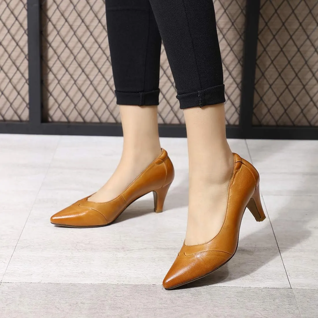 Mona flying Women's Leather Pointed Toe Dress Pumps Comfort High Heels Office Work Shoes for Ladies