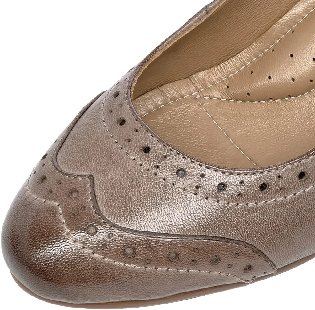 Mona flying Women's Vintage Leather Pump Chunky Heel Round Toe Office Dress Shoes for Ladies