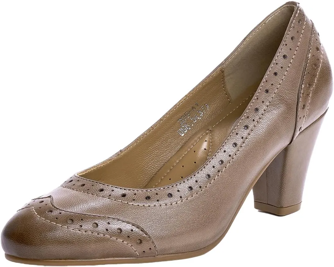 Mona flying Women's Vintage Leather Pump Chunky Heel Round Toe Office Dress Shoes for Ladies