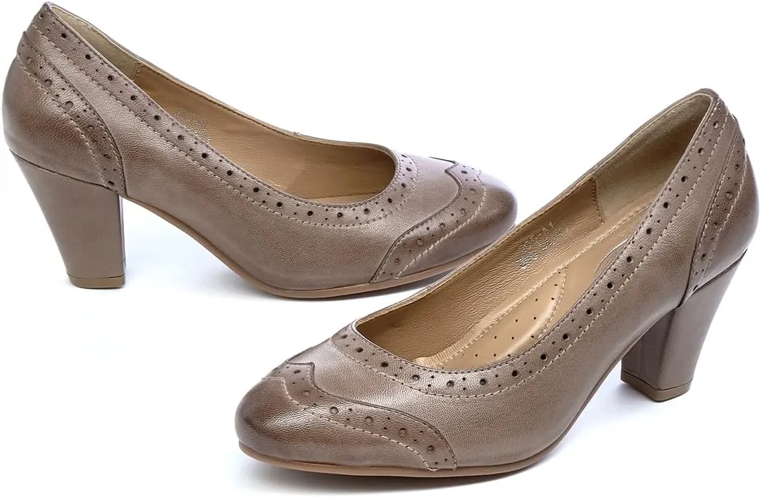 Mona flying Women's Vintage Leather Pump Chunky Heel Round Toe Office Dress Shoes for Ladies