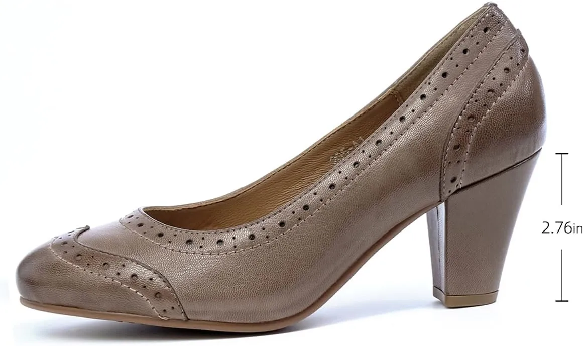 Mona flying Women's Vintage Leather Pump Chunky Heel Round Toe Office Dress Shoes for Ladies
