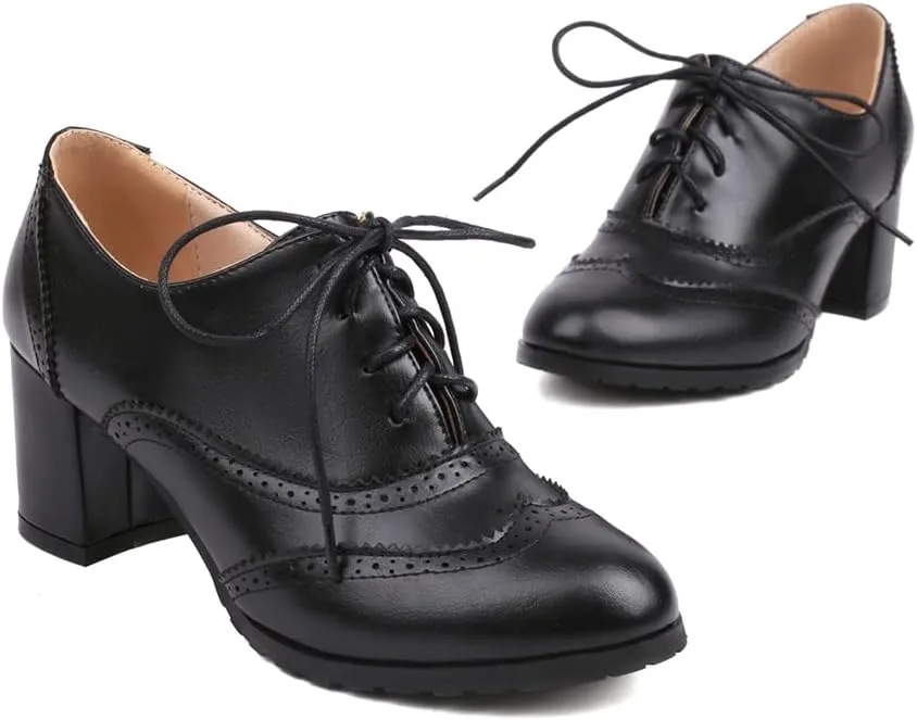 MRKEWUNEY Classic Womens Lace Up Wingtip Pump Pointed Toe Block High Heels