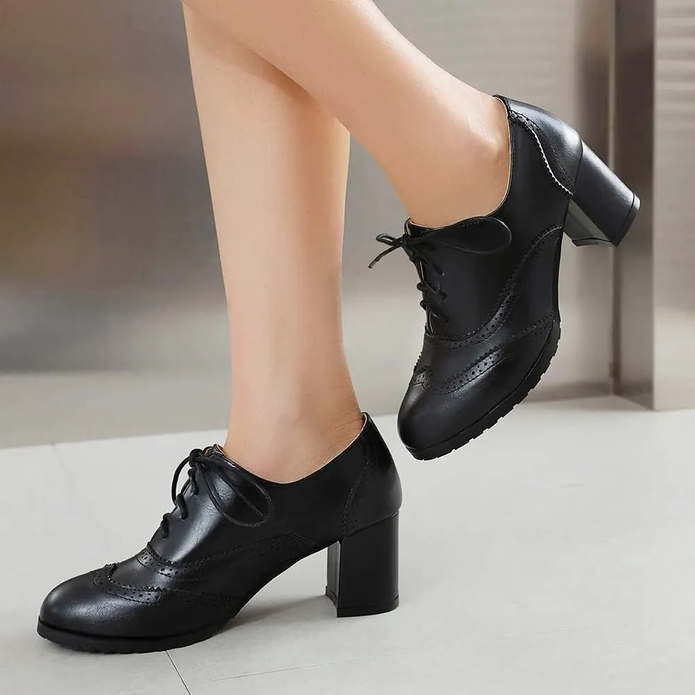 MRKEWUNEY Classic Womens Lace Up Wingtip Pump Pointed Toe Block High Heels