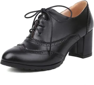 MRKEWUNEY Classic Womens Lace Up Wingtip Pump Pointed Toe Block High Heels