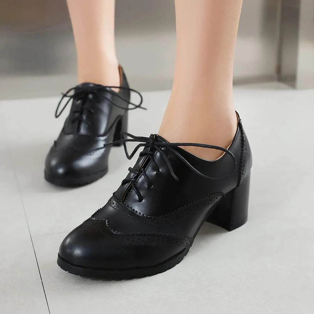 MRKEWUNEY Classic Womens Lace Up Wingtip Pump Pointed Toe Block High Heels