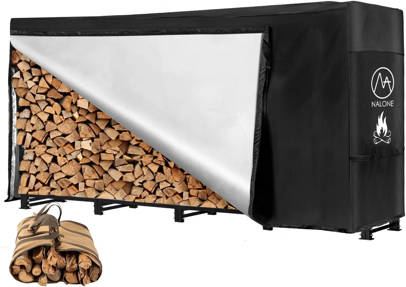 nalone 8FT Outdoor Firewood Rack with Cover&Carry Bag Heavy Duty Square Strong Stand Rack with Waterproof Cover for Fireplace Fire Pits Wood Pile Storage Holder Lumber Rack