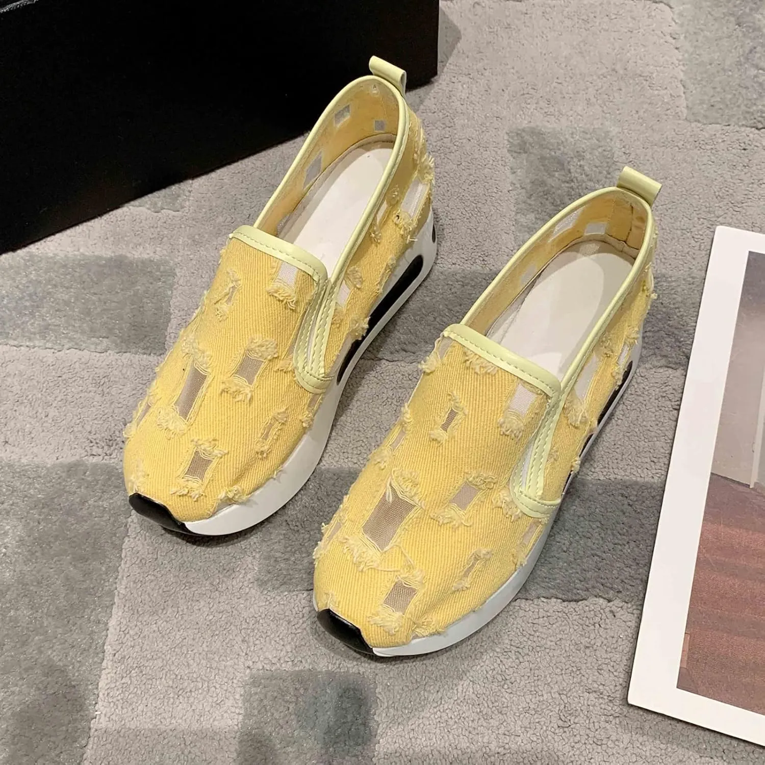 Ohxixhia Wedge Floral Walking Shoes Embroidery Floral Mesh Lace Chunky Sneakers Slip On Arch Support Shoes Fashion Sneakers