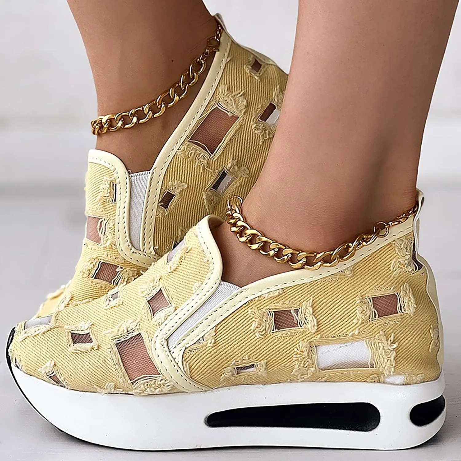 Ohxixhia Wedge Floral Walking Shoes Embroidery Floral Mesh Lace Chunky Sneakers Slip On Arch Support Shoes Fashion Sneakers