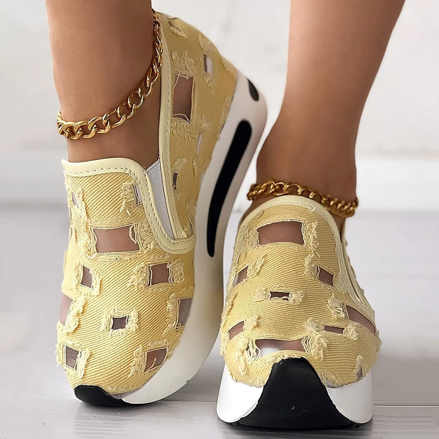 Ohxixhia Wedge Floral Walking Shoes Embroidery Floral Mesh Lace Chunky Sneakers Slip On Arch Support Shoes Fashion Sneakers