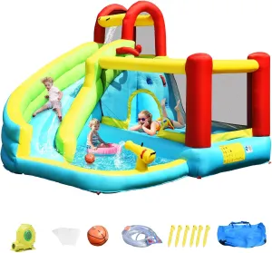 OLAKIDS Inflatable Water Slide, 6 in 1 Bounce House with Slide Climbing Wall Splash Pool Basketball Rim Water Gun, Outdoor Water Park Jumping Castle Inflatable Obstacle Course for Kids Backyard