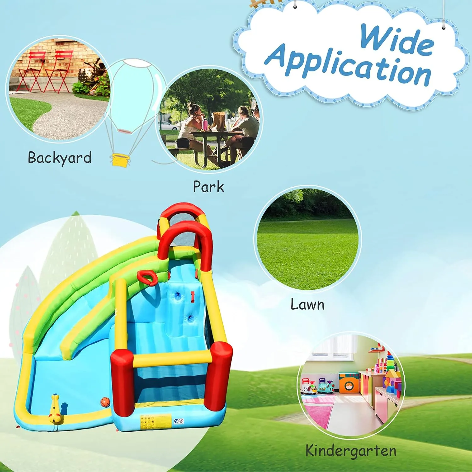 OLAKIDS Inflatable Water Slide, 6 in 1 Bounce House with Slide Climbing Wall Splash Pool Basketball Rim Water Gun, Outdoor Water Park Jumping Castle Inflatable Obstacle Course for Kids Backyard