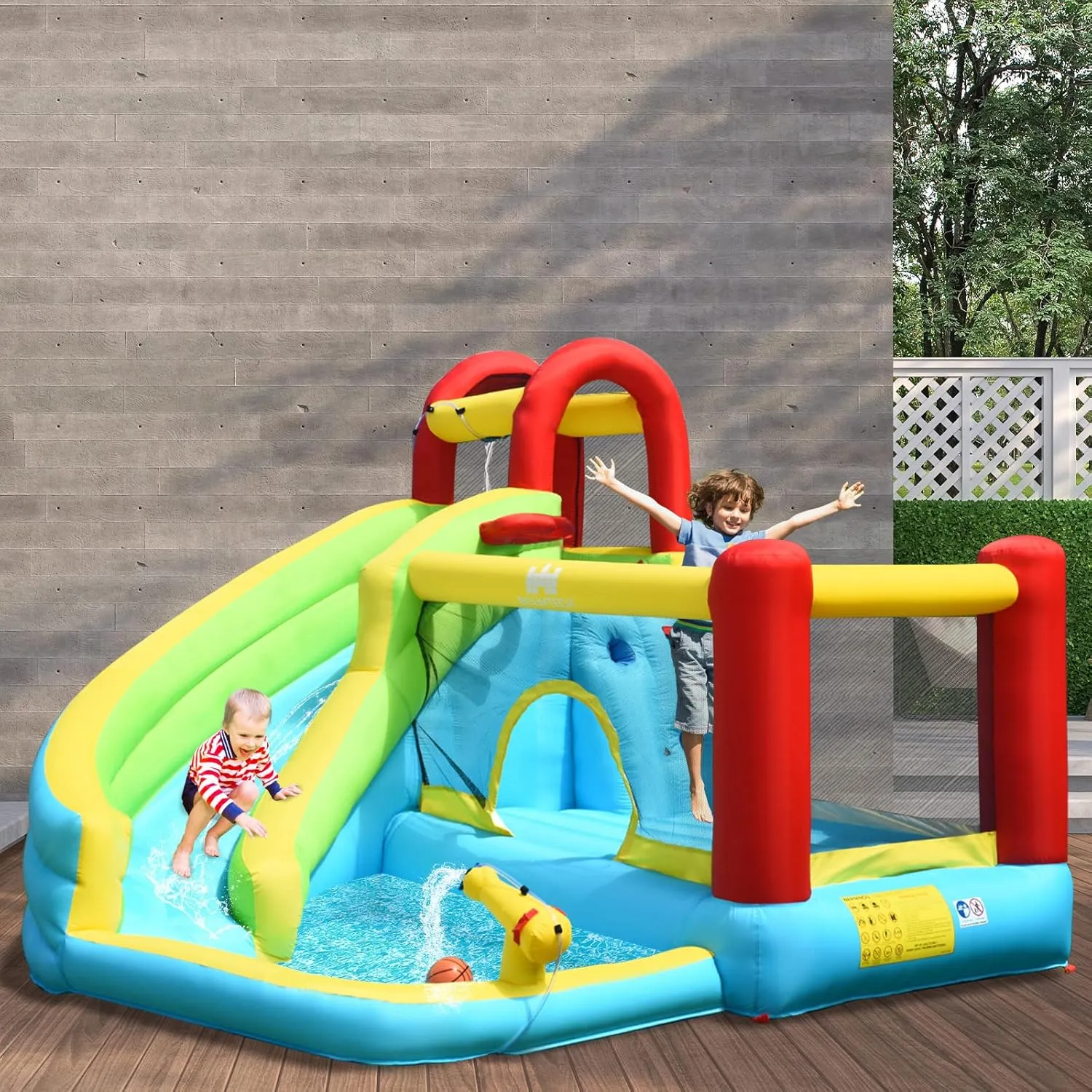 OLAKIDS Inflatable Water Slide, 6 in 1 Bounce House with Slide Climbing Wall Splash Pool Basketball Rim Water Gun, Outdoor Water Park Jumping Castle Inflatable Obstacle Course for Kids Backyard
