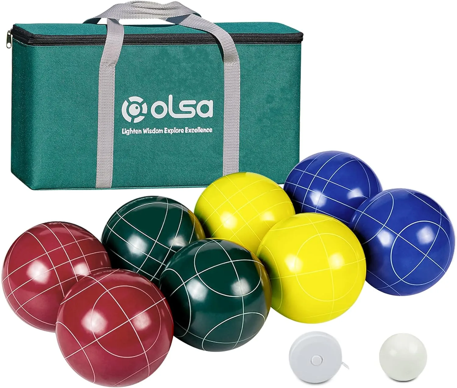 Olsa 90/100/107mm Bocce Balls Set Outdoor Games,Bocci Ball Yard Games Backyard Game Set with 8 Poly-Resin Balls, 1 White Pallino, Premium Carrying Bag, Outdoor Game for Adults Family