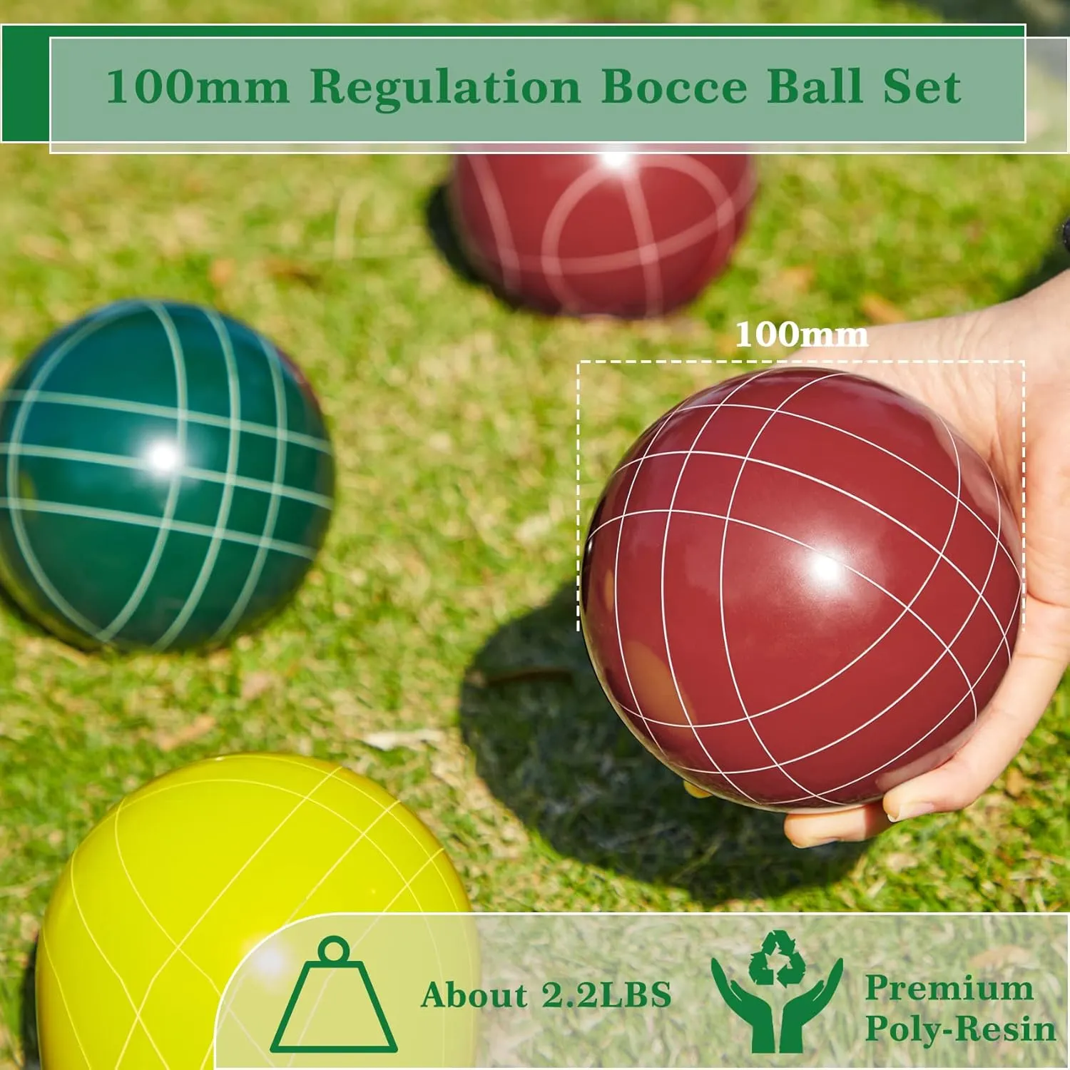 Olsa 90/100/107mm Bocce Balls Set Outdoor Games,Bocci Ball Yard Games Backyard Game Set with 8 Poly-Resin Balls, 1 White Pallino, Premium Carrying Bag, Outdoor Game for Adults Family