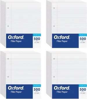 Oxford Loose Leaf Paper, Filler Paper, Notebook Paper, 8-1/2" x 11", College Rule, 3-Hole Punched, 2,000 Sheets for 3 Ring Binders, 4 Packs of 500, White (62331)