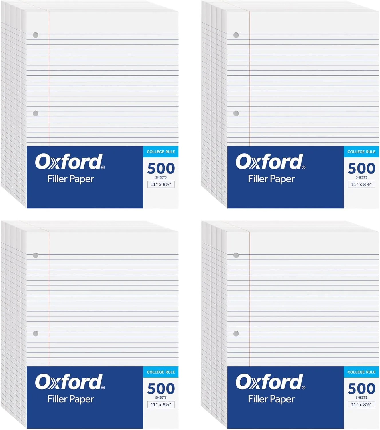 Oxford Loose Leaf Paper, Filler Paper, Notebook Paper, 8-1/2" x 11", College Rule, 3-Hole Punched, 2,000 Sheets for 3 Ring Binders, 4 Packs of 500, White (62331)