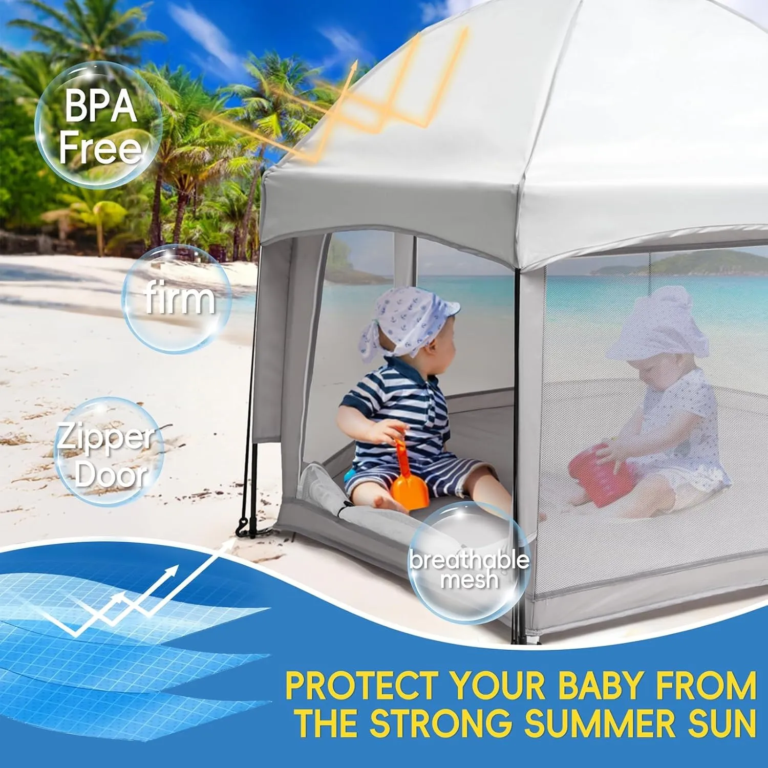 Palopalo Pop Up Baby Playpen with UPF50  Canopy, Indoor & Outdoor Foldable Play Pen for Babies and Toddlers, Portable Baby Beach Tent with Travel Bag, Pop Up Pack and Play Yard, Grey