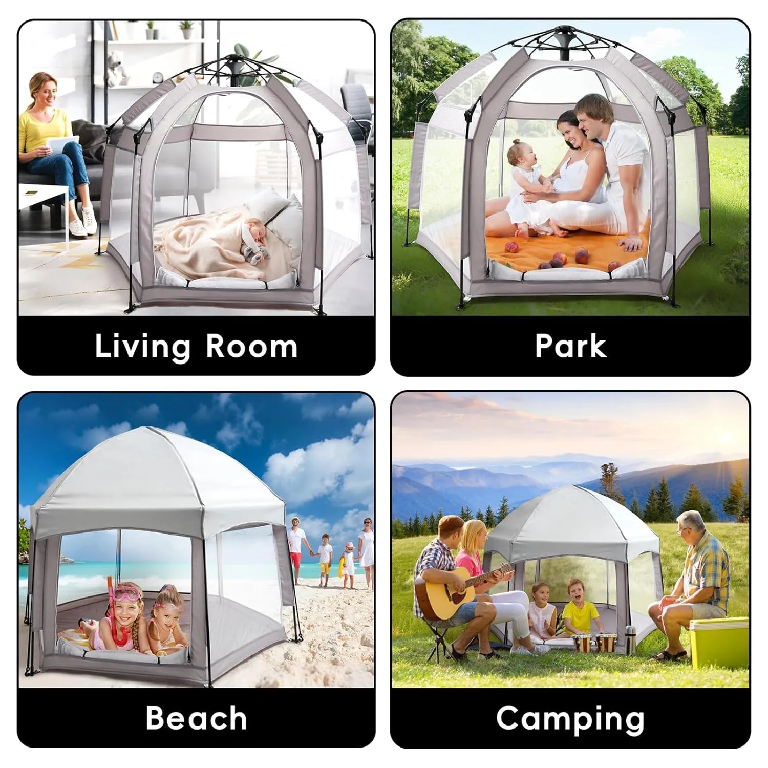 Palopalo Pop Up Baby Playpen with UPF50  Canopy, Indoor & Outdoor Foldable Play Pen for Babies and Toddlers, Portable Baby Beach Tent with Travel Bag, Pop Up Pack and Play Yard, Grey