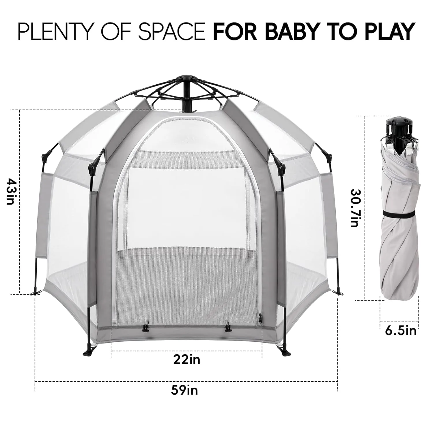 Palopalo Pop Up Baby Playpen with UPF50  Canopy, Indoor & Outdoor Foldable Play Pen for Babies and Toddlers, Portable Baby Beach Tent with Travel Bag, Pop Up Pack and Play Yard, Grey