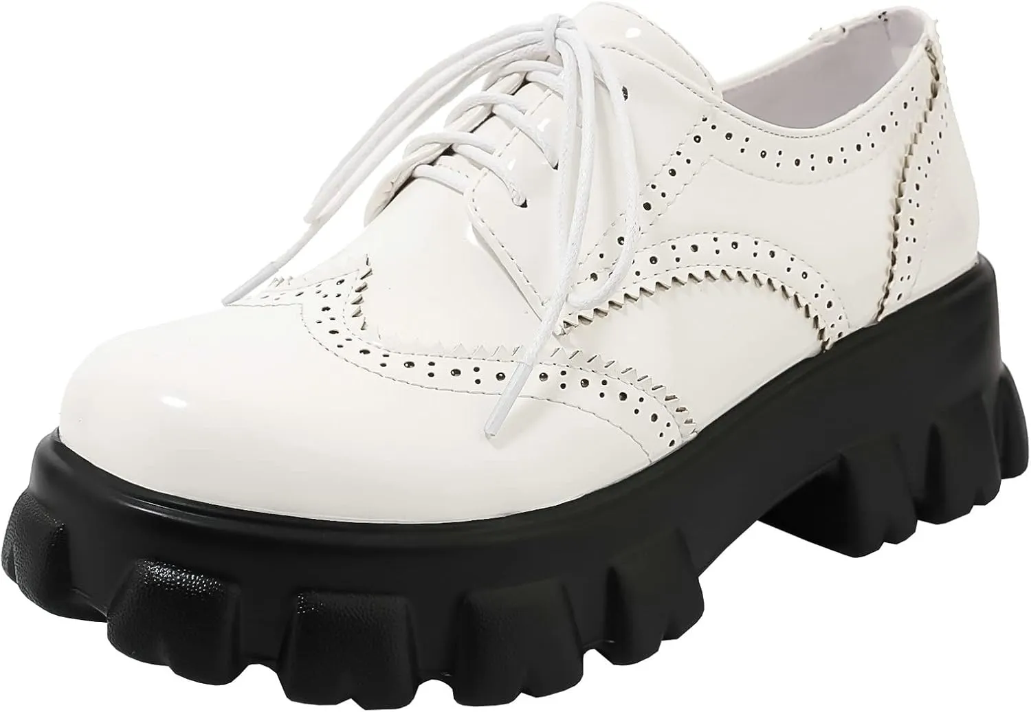 Parisuit Womens Lace Up Wingtip Chunky Oxford Shoes Patent Leather Platform Brogue Pumps