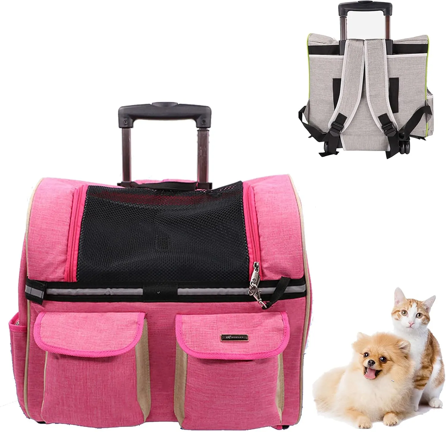 Pet Roller Backpack, Soft-Sided Travel Carrier, Wheeled Pet Carrier Pet Stroller,Car Seat for Dogs Cats Puppy, Mesh Ventilation Windows, Storage Pockets for Outdoor Indoor Use