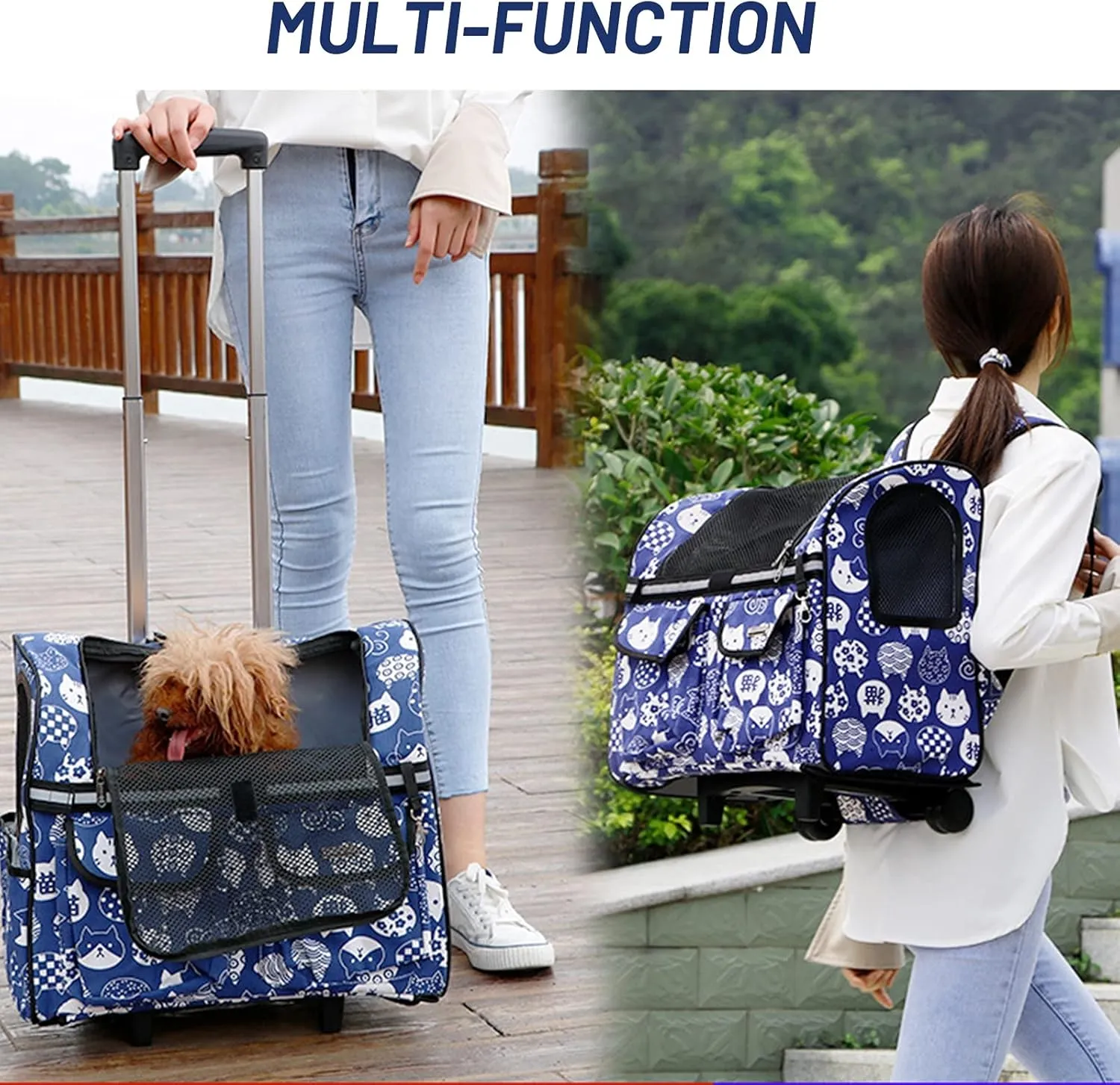 Pet Roller Backpack, Soft-Sided Travel Carrier, Wheeled Pet Carrier Pet Stroller,Car Seat for Dogs Cats Puppy, Mesh Ventilation Windows, Storage Pockets for Outdoor Indoor Use