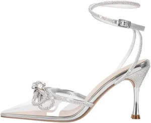 sexytag Women's Clear Bow Heels Rhinestone Ankle Strap Poined Toe Mid Kitten Heels Pumps