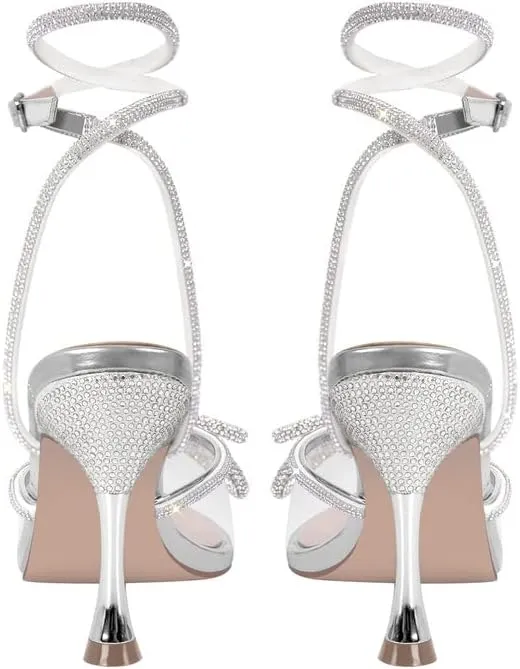 sexytag Women's Clear Bow Heels Rhinestone Ankle Strap Poined Toe Mid Kitten Heels Pumps