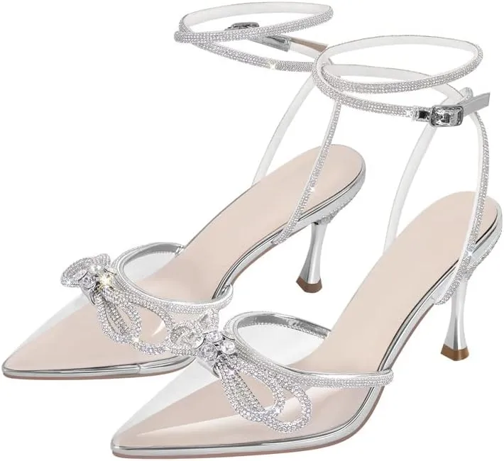 sexytag Women's Clear Bow Heels Rhinestone Ankle Strap Poined Toe Mid Kitten Heels Pumps