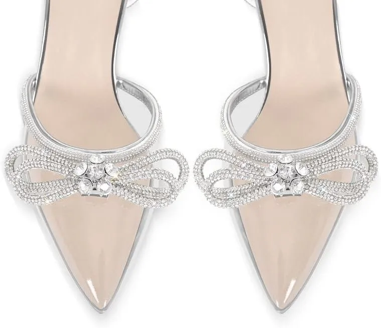 sexytag Women's Clear Bow Heels Rhinestone Ankle Strap Poined Toe Mid Kitten Heels Pumps