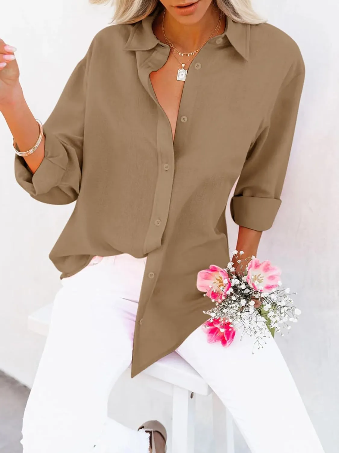 siliteelon Button Down Shirts for Women Dress Shirts Long Sleeve Wrinkle-Free Blouse Casual Solid Office Work Tunic Top