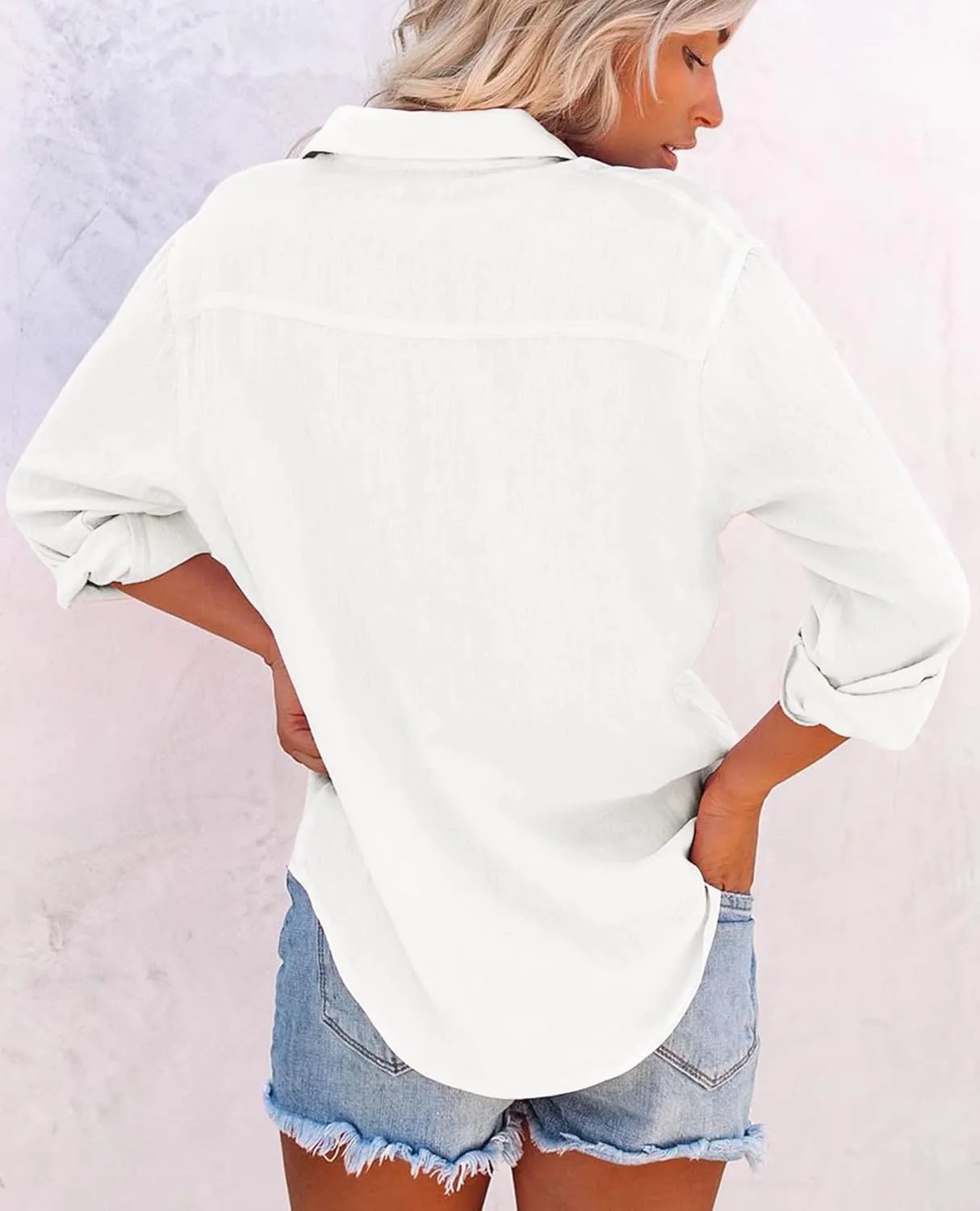 siliteelon Womens Button Down Shirts Cotton Dress Shirts Long Sleeve Blouses V Neck Solid Casual Tunics Tops with Pockets