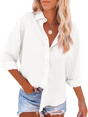 siliteelon Womens Button Down Shirts Cotton Dress Shirts Long Sleeve Blouses V Neck Solid Casual Tunics Tops with Pockets
