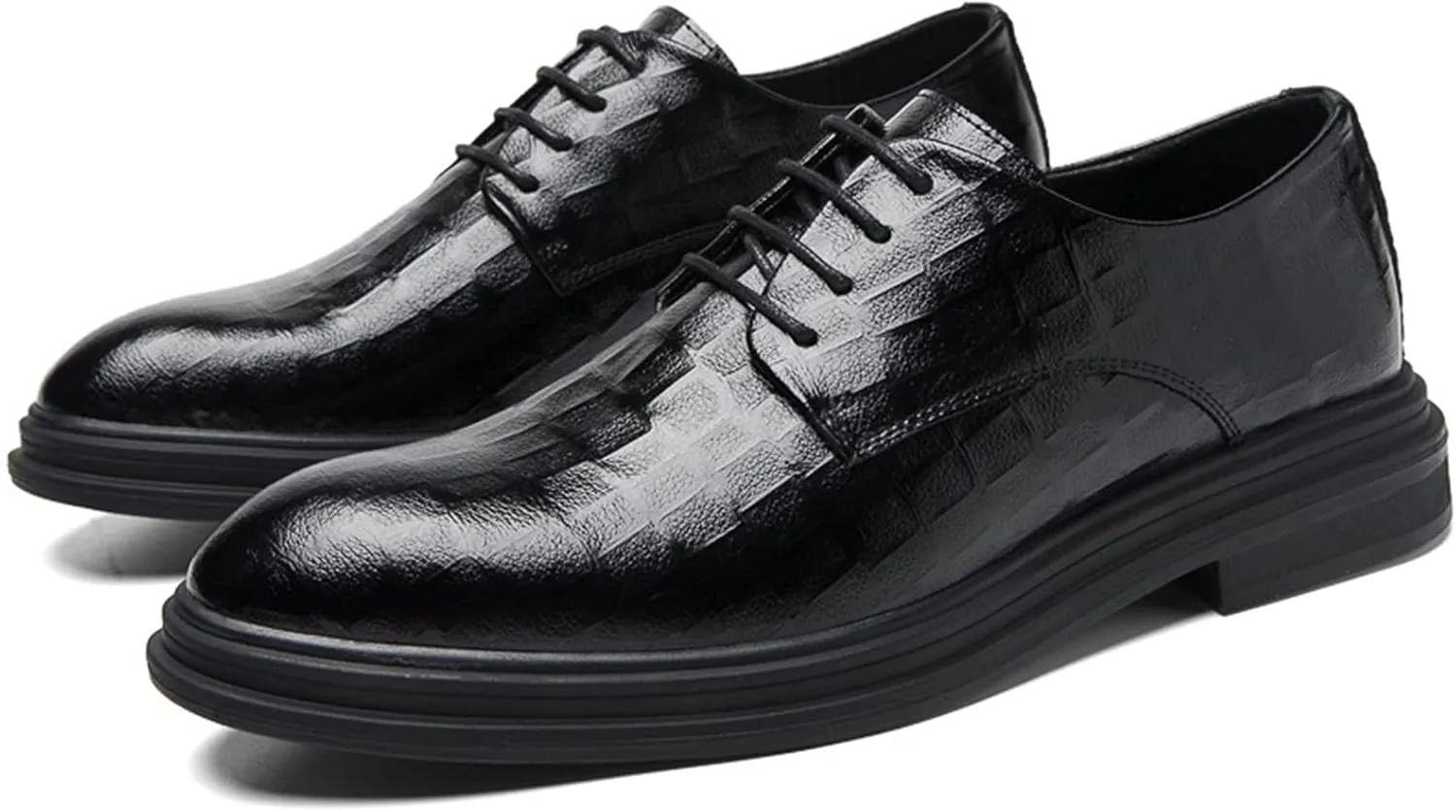 Single Season Dress Oxford for Men Lace Up Plaid Derby Shoes Round Toe Leather Anti-Slip Rubber Sole Slip Resistant Block Heel Non Slip Classic Very Popular Among Young People