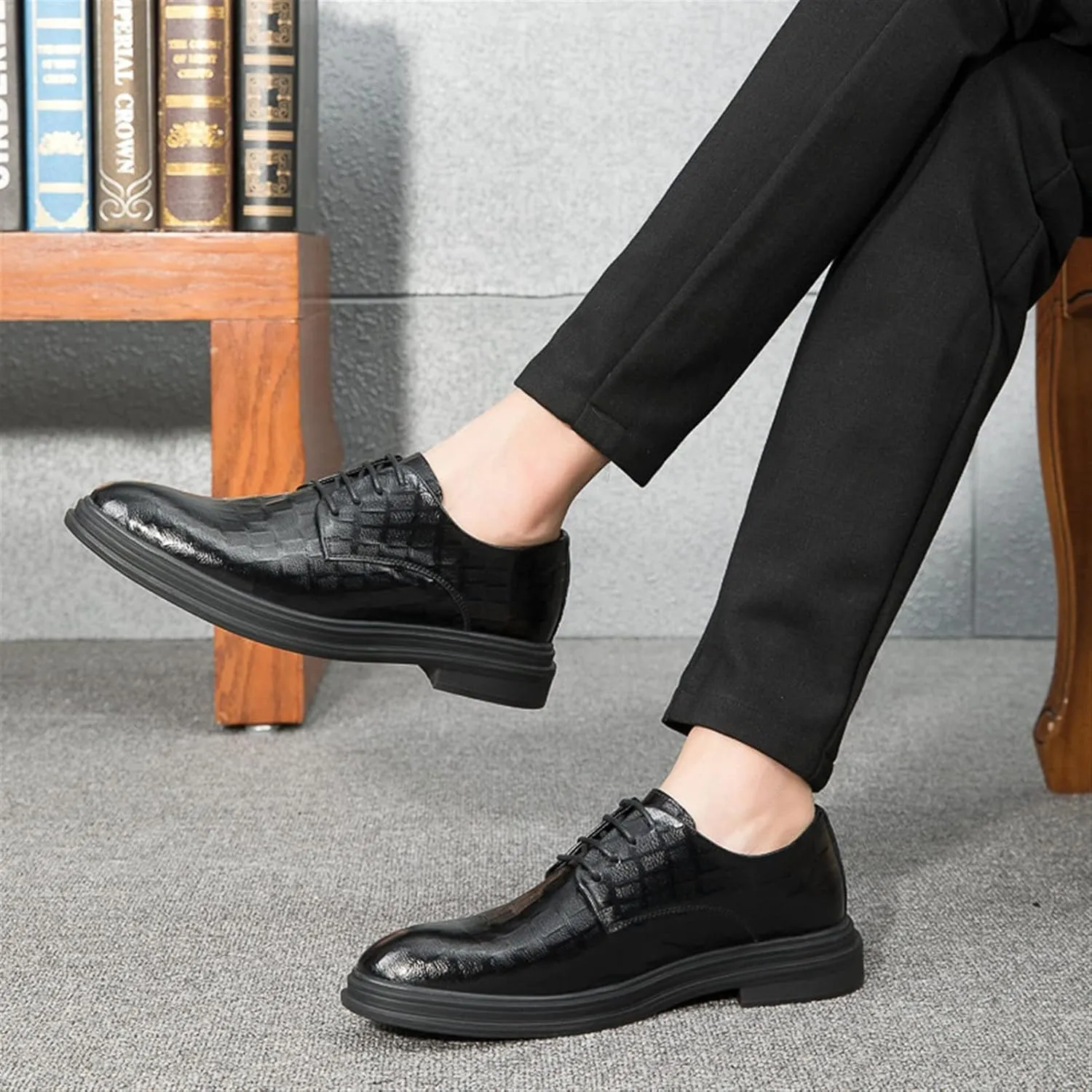 Single Season Dress Oxford for Men Lace Up Plaid Derby Shoes Round Toe Leather Anti-Slip Rubber Sole Slip Resistant Block Heel Non Slip Classic Very Popular Among Young People