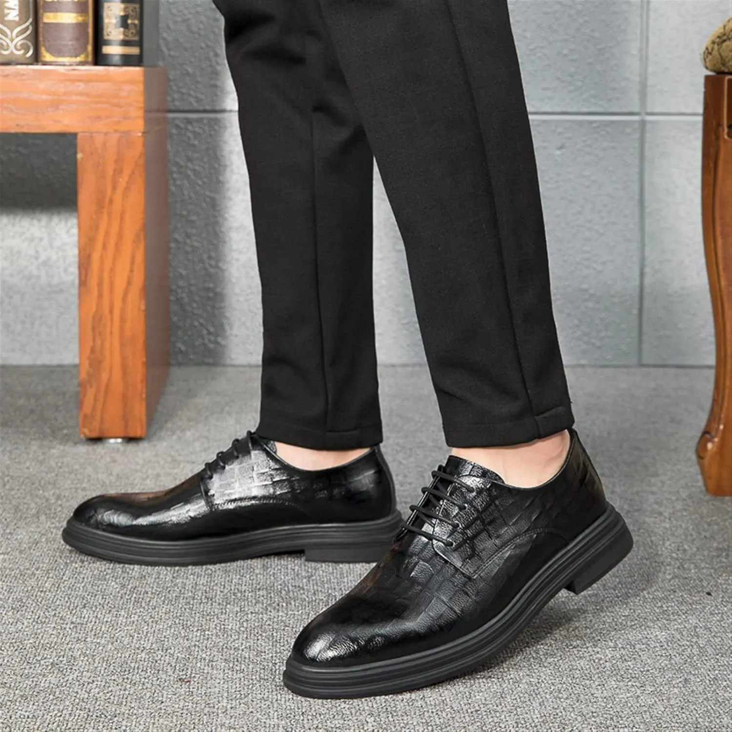 Single Season Dress Oxford for Men Lace Up Plaid Derby Shoes Round Toe Leather Anti-Slip Rubber Sole Slip Resistant Block Heel Non Slip Classic Very Popular Among Young People