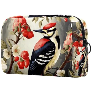 Small Makeup Bag Pouch for Purse, Travel Cosmetic Bag, Portable Toiletry Bag for Women Girls Gifts - Woodpecker Bird on Red Berries Branch