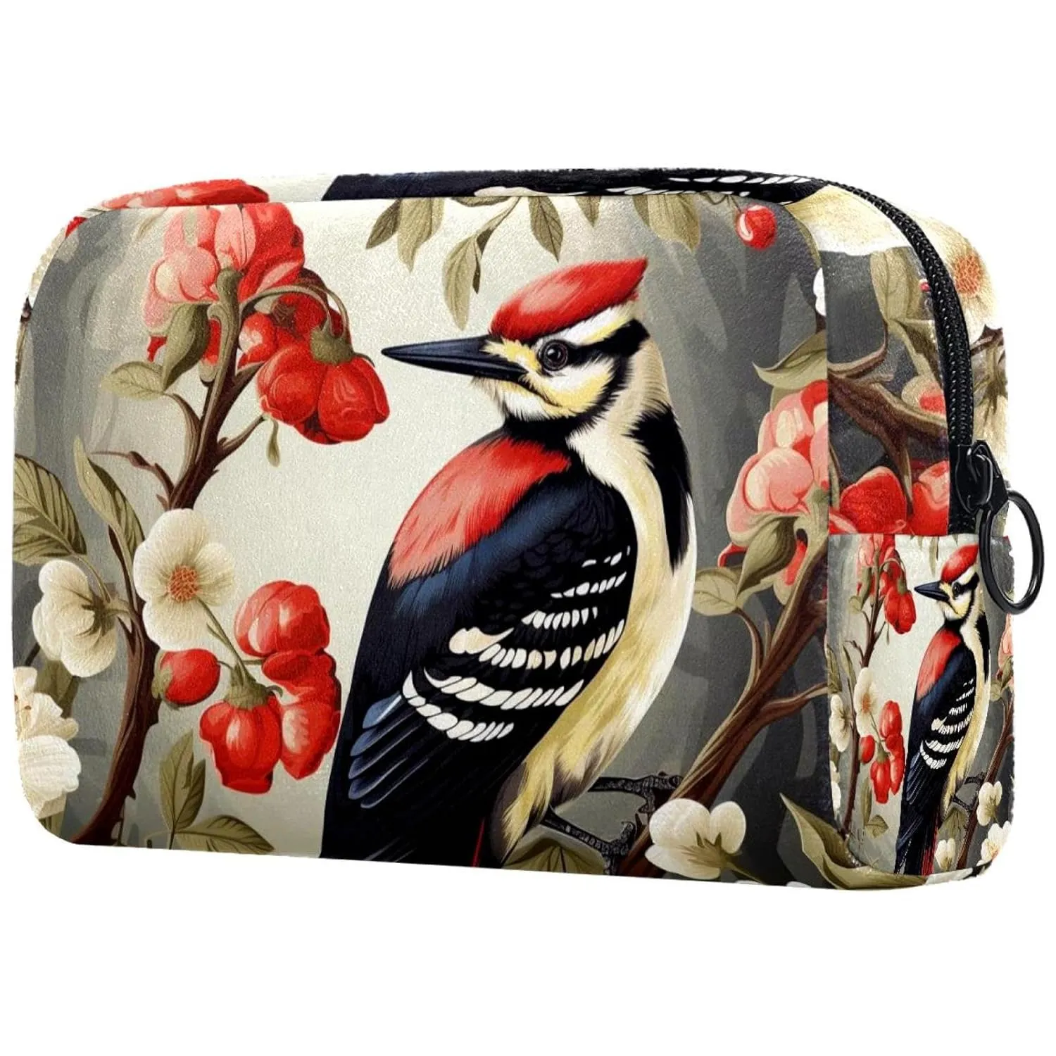 Small Makeup Bag Pouch for Purse, Travel Cosmetic Bag, Portable Toiletry Bag for Women Girls Gifts - Woodpecker Bird on Red Berries Branch