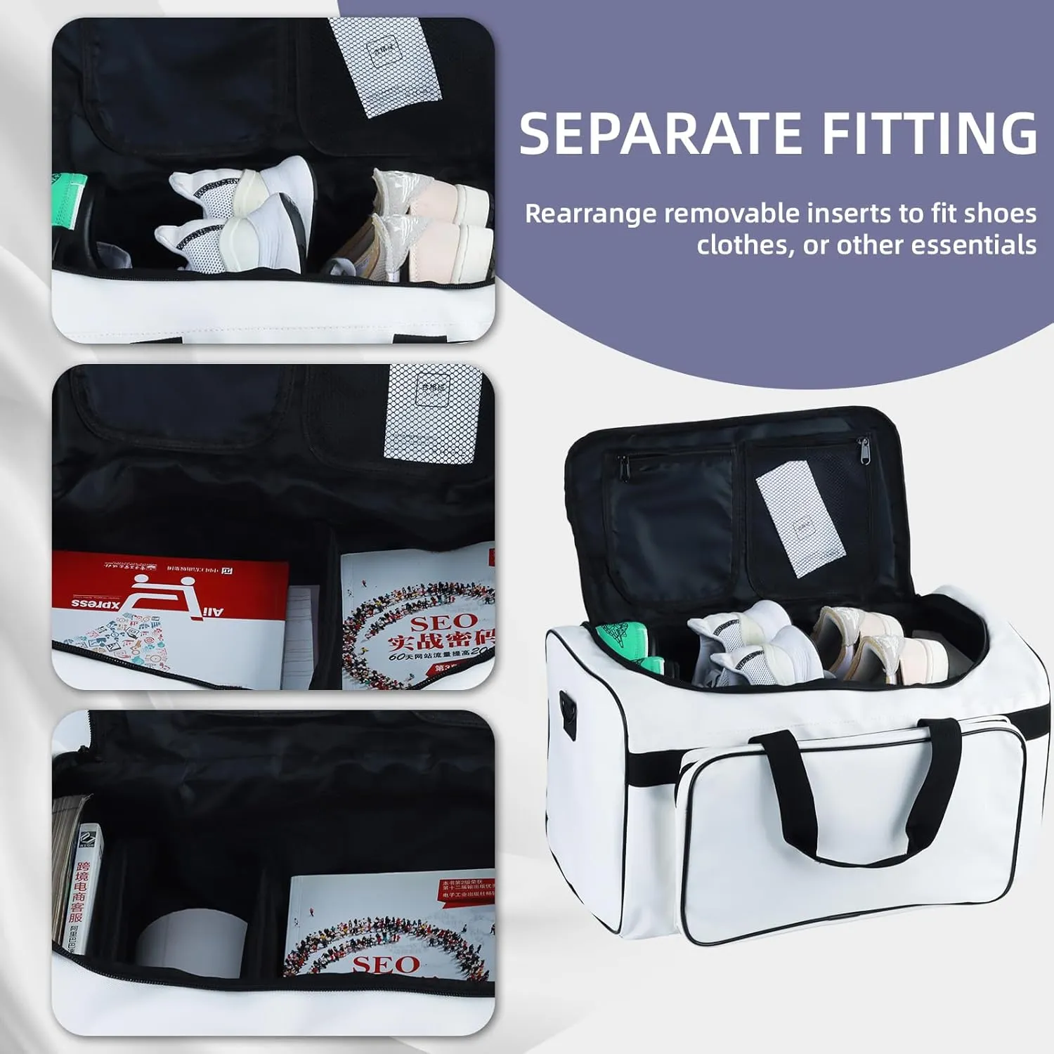 Sneaker Duffel Bag for Men - 30L Large Capacity Gym & Travel Bag with Adjustable Dividers, Durable Shoulder Strap - Carry-On 20 Inch (White)